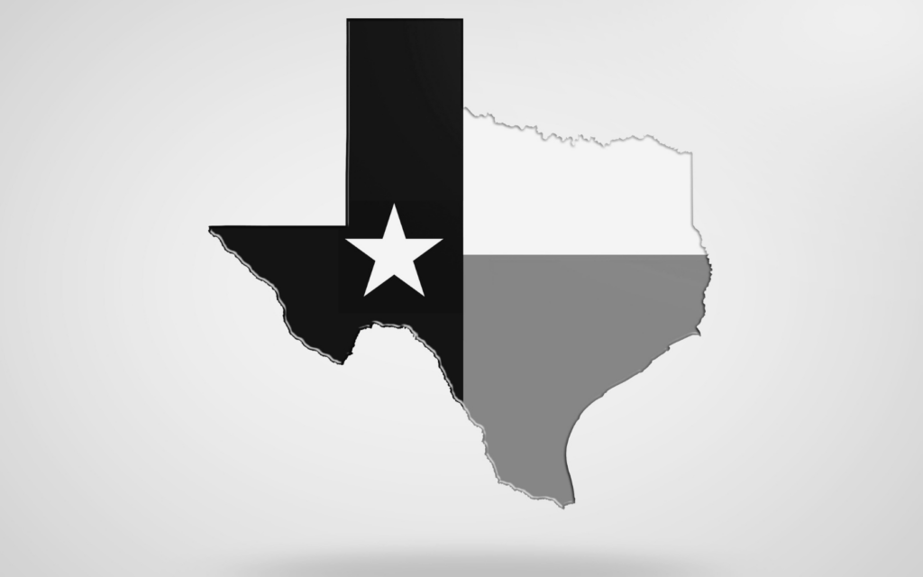 Silhouette of Texas filled with the Texas flag inside of it.